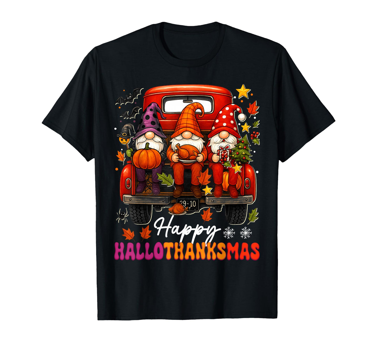 Happy Hallothanksmas Gnomes Truck Halloween Merry Christmas T-Shirt
