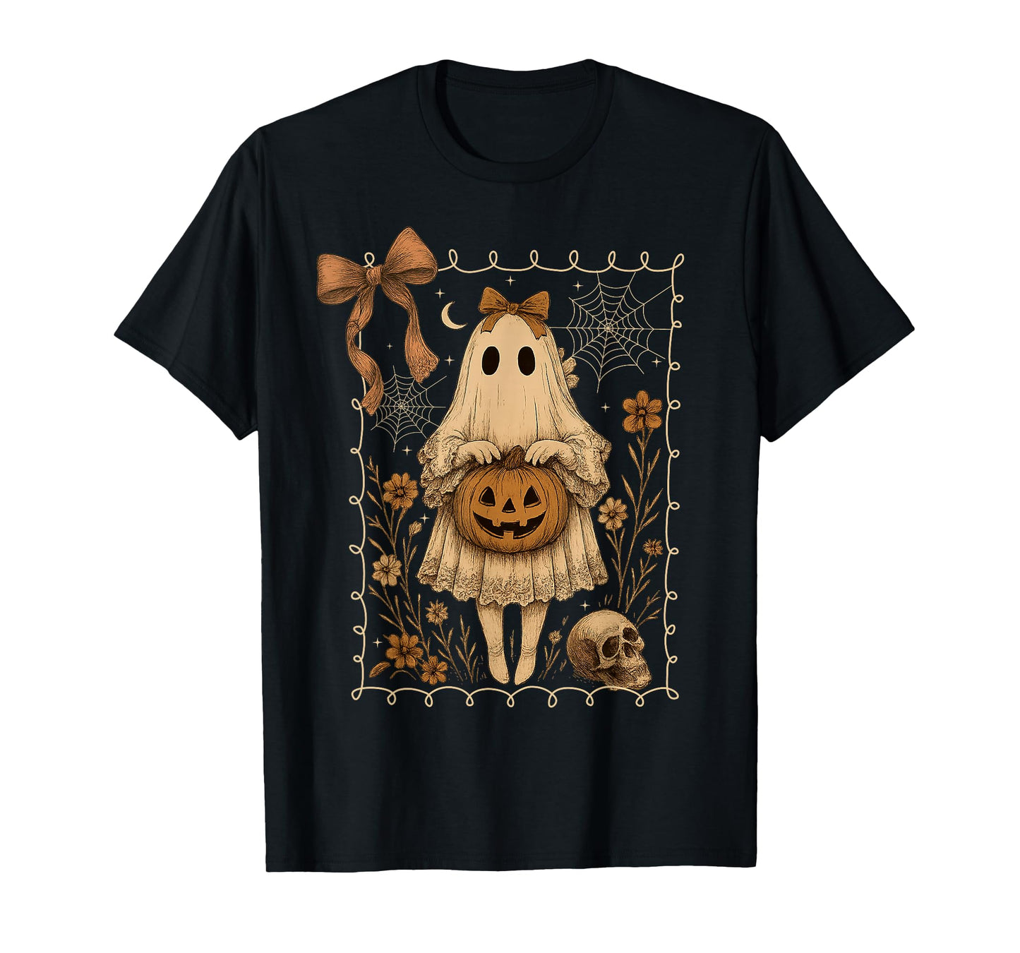 Ghost Floral Aesthetic Halloween Spooky Coquette Bow Girls T-Shirt