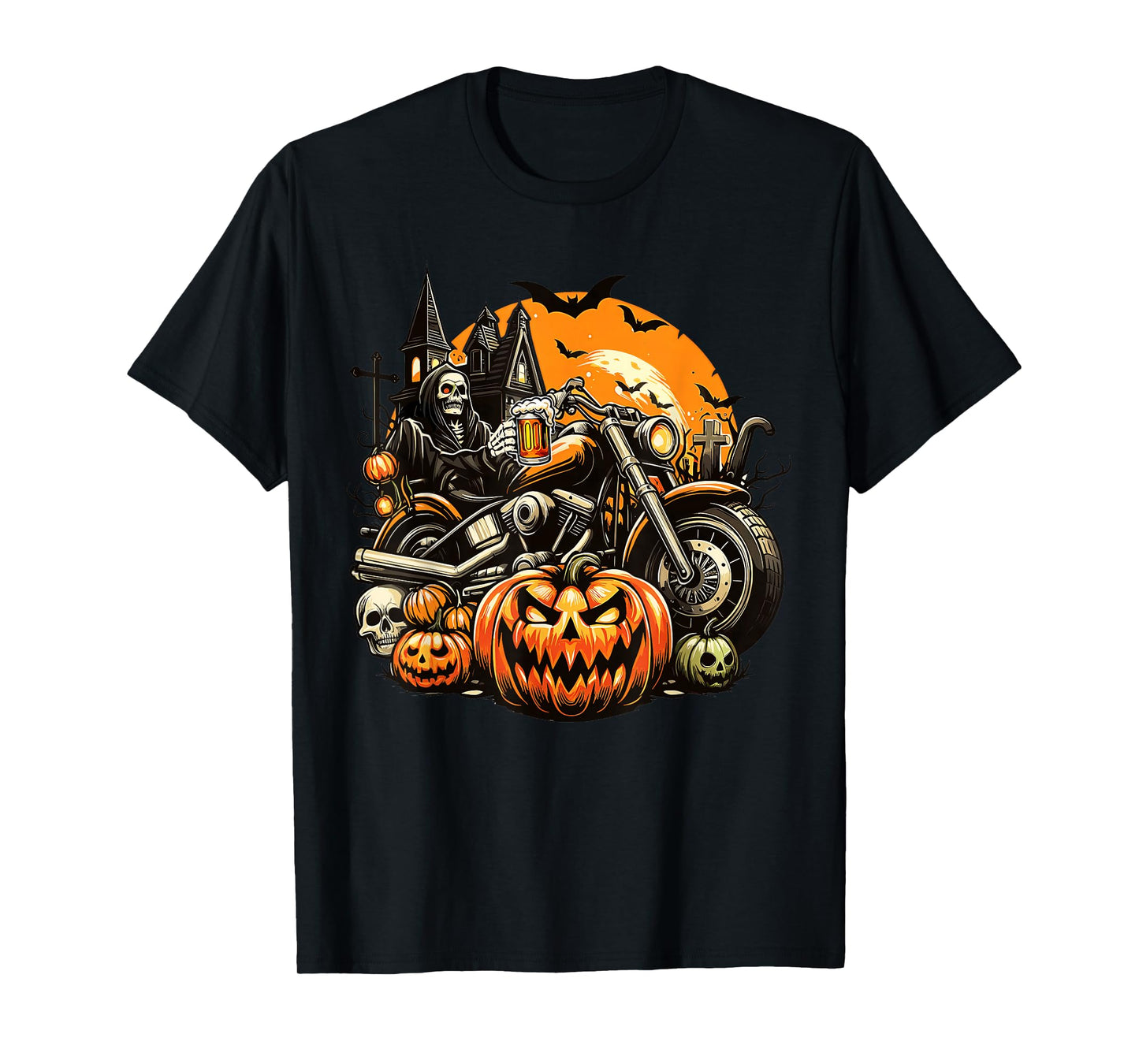 Skeleton Drinking Beer On Motorcycle Halloween Pumpkins T-Shirt