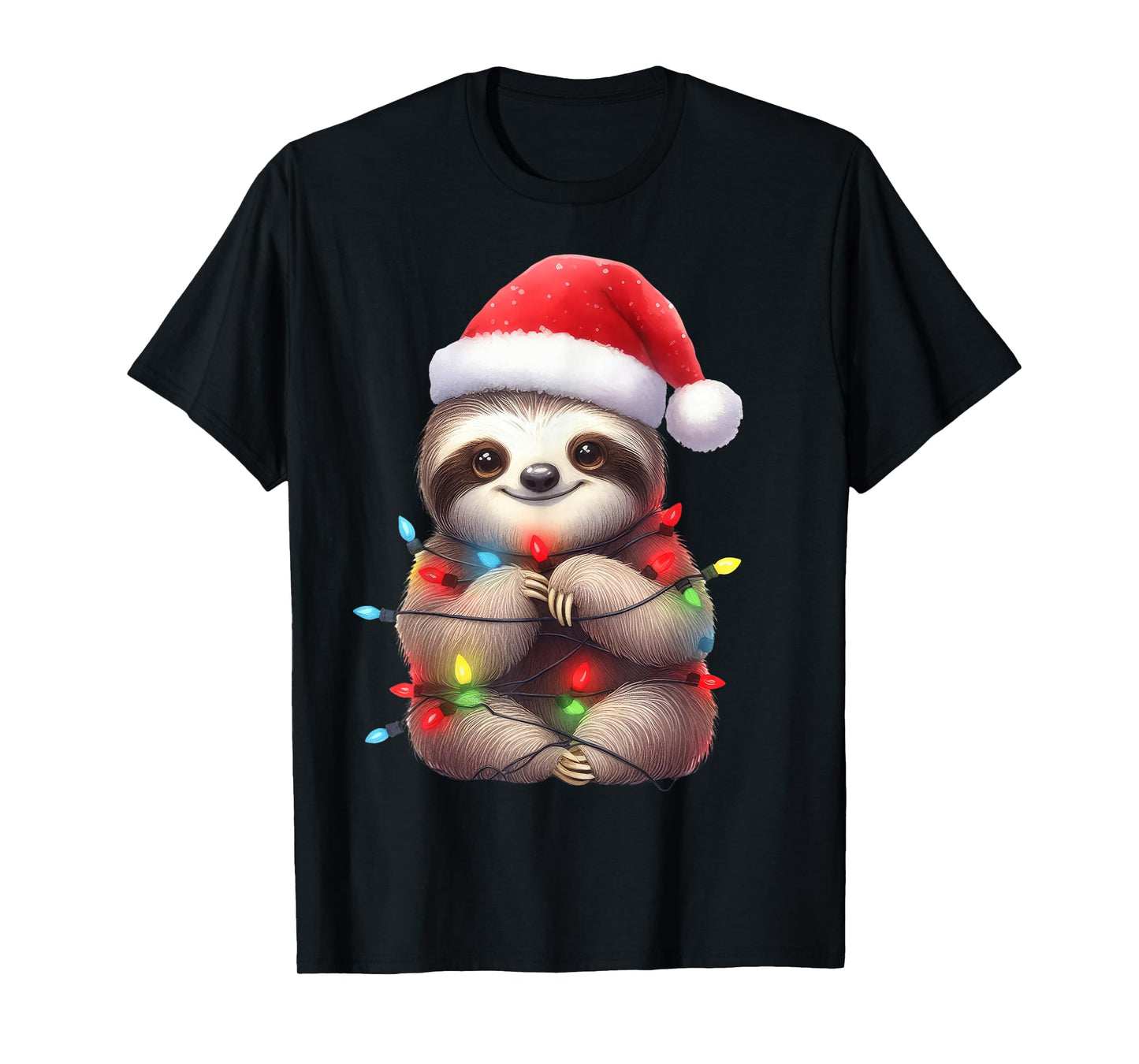 Sloth Christmas Lights Funny Santa Hat Merry Xmas T-Shirt