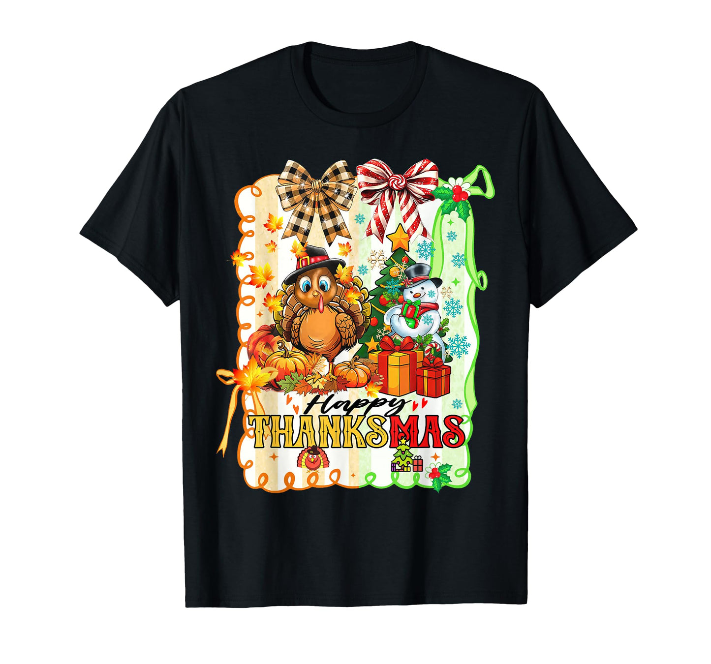 Happy Thanksmas Turkey Thanksgiving Pine Tree Christmas Snow T-Shirt