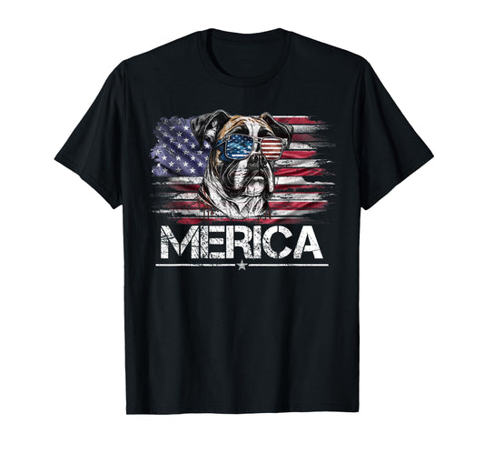 Vintage Boxer Dog, Merica Boxer Dog USA Flag Funny Women Kids Men T-Shirt