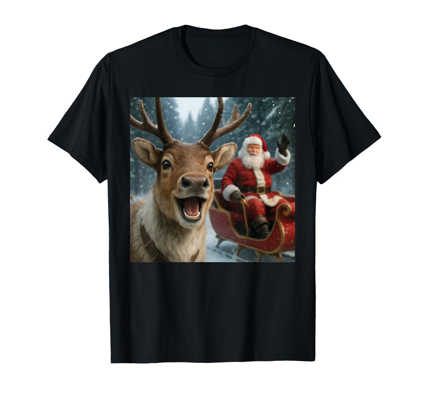 Funny Santa Claus in Sleigh with Reindeer Christmas Holiday T-Shirt