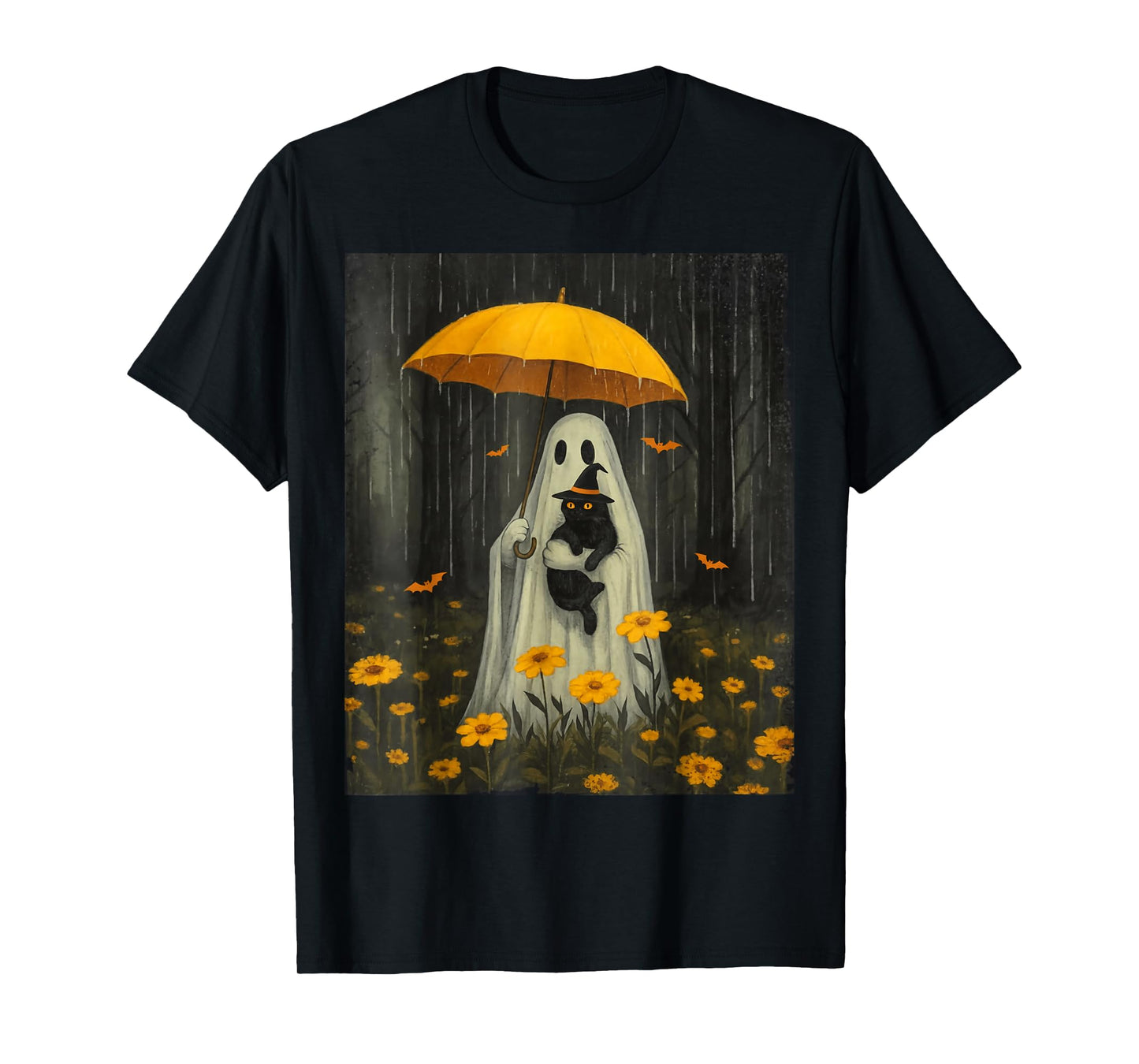 Cute Ghost Holding Black Cat Spooky Halloween Men Women Kids T-Shirt
