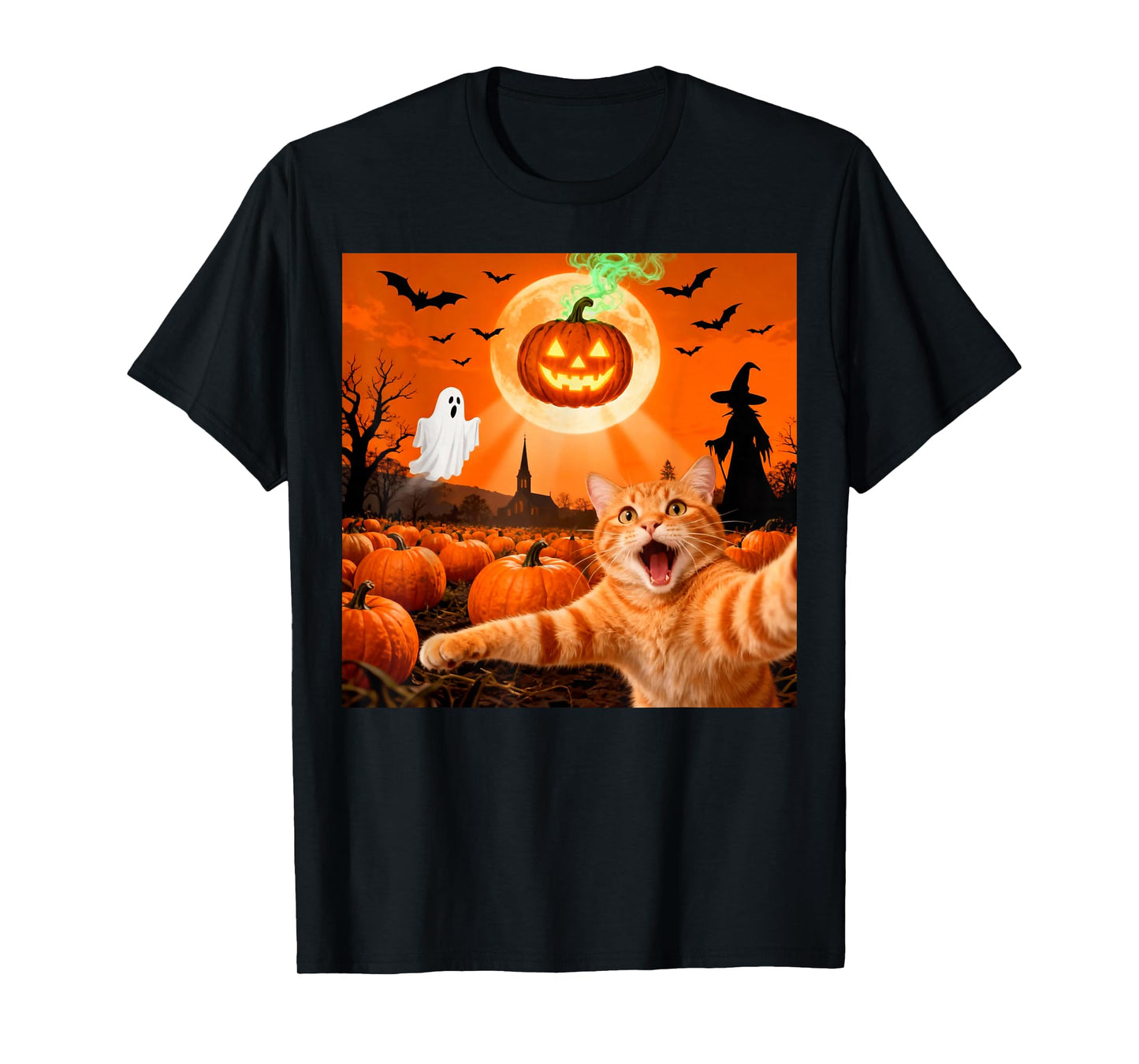 Funny Halloween Cat Selfie Pumpkin Ghost T-Shirt