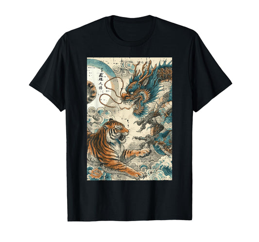 Japanese Tiger Fighting Dragon Vintage Art Women Men Kids T-Shirt