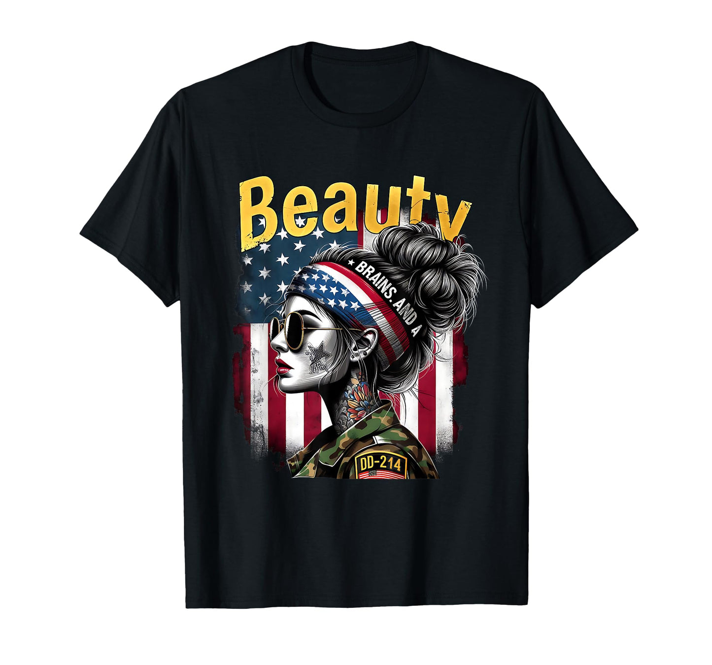 Beauty Brains US Female Veteran Army Floral Vintage T-Shirt