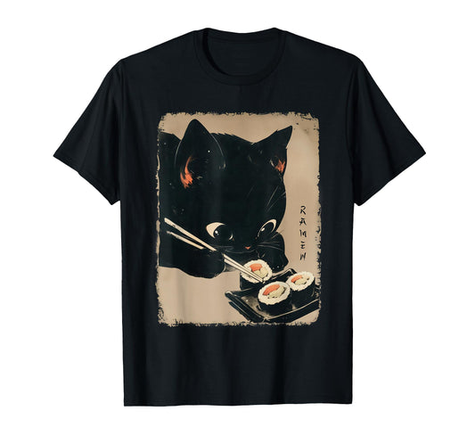 Kawaii Cat Eating Sushi Funny Japanese Anime Cute Cat Girls T-Shirt