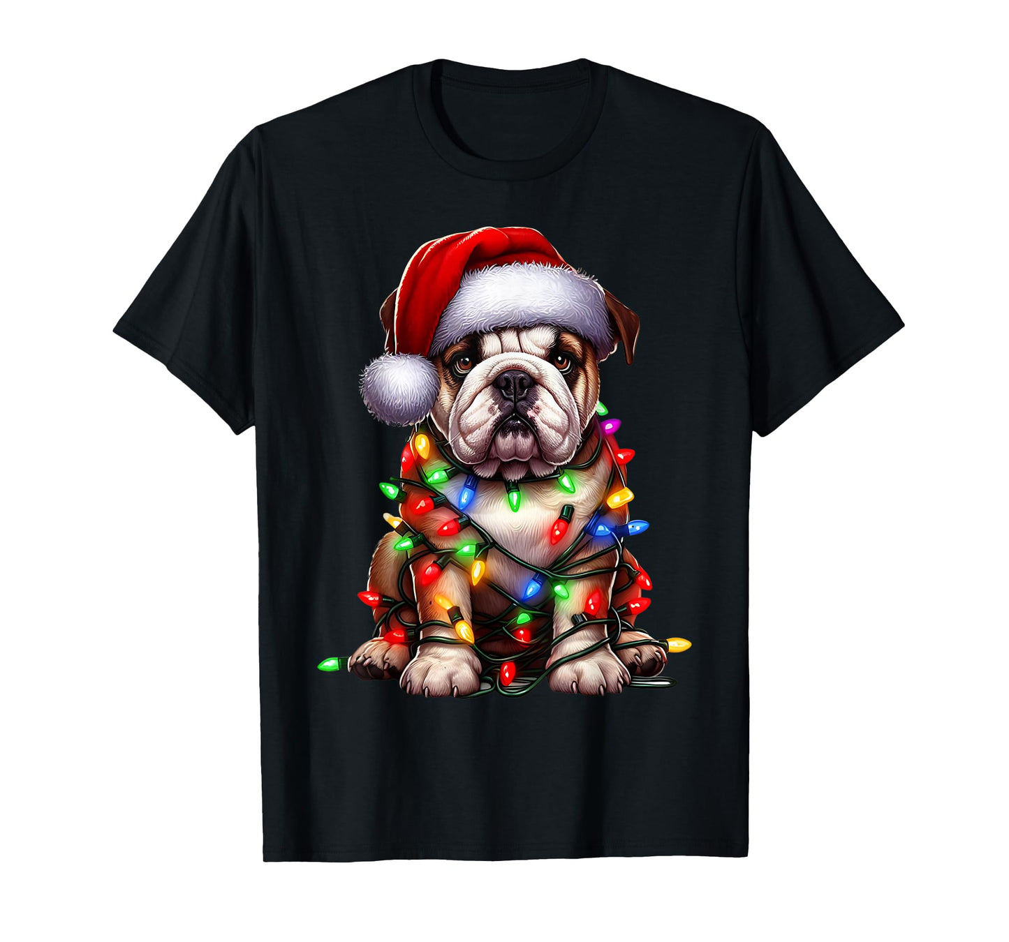 Bulldog Dog Christmas Lights Santa Hat Dog Lover T-Shirt