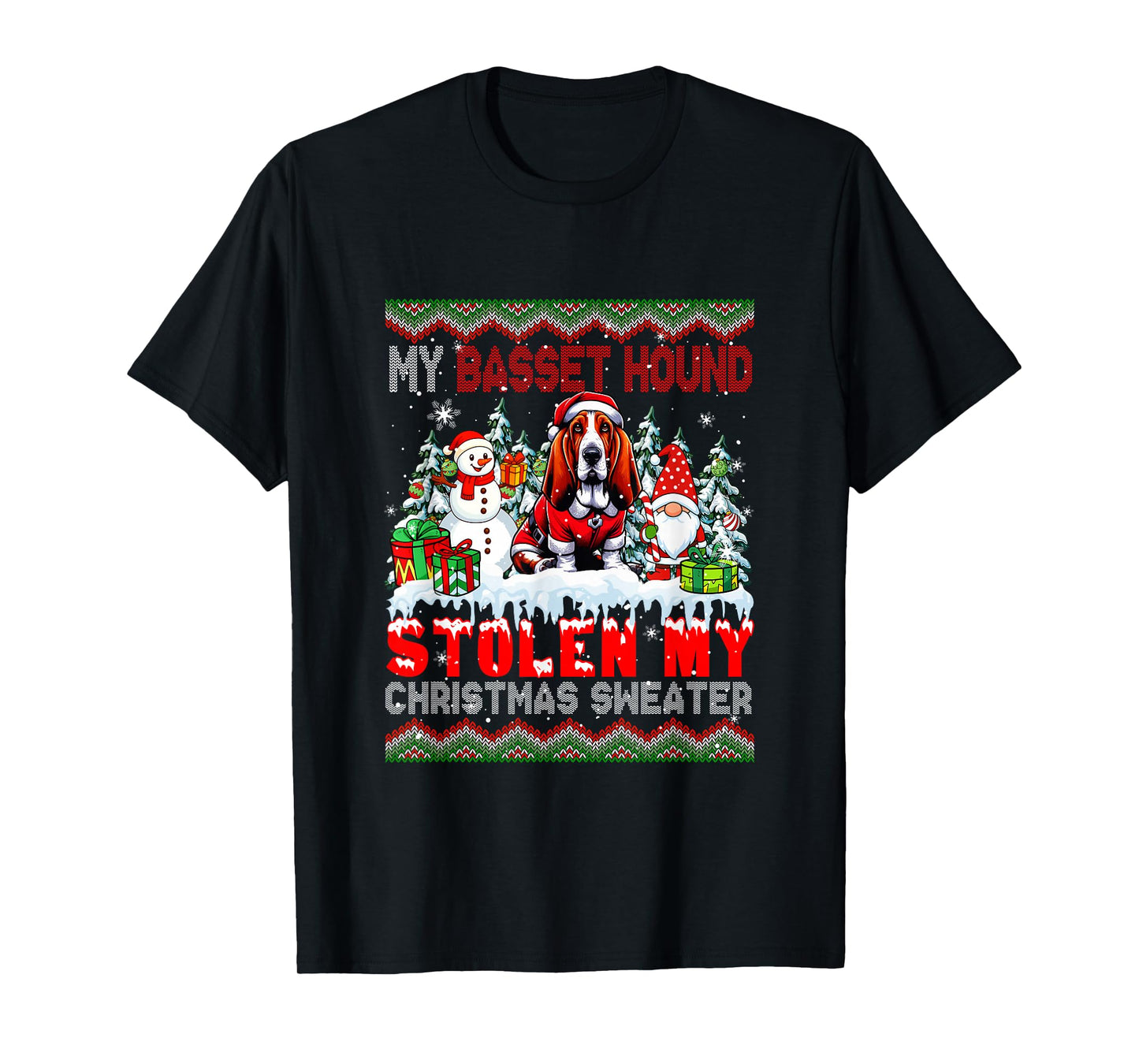 My Basset Hound Stolen My Christmas Sweater Santa Dog Gnome T-Shirt
