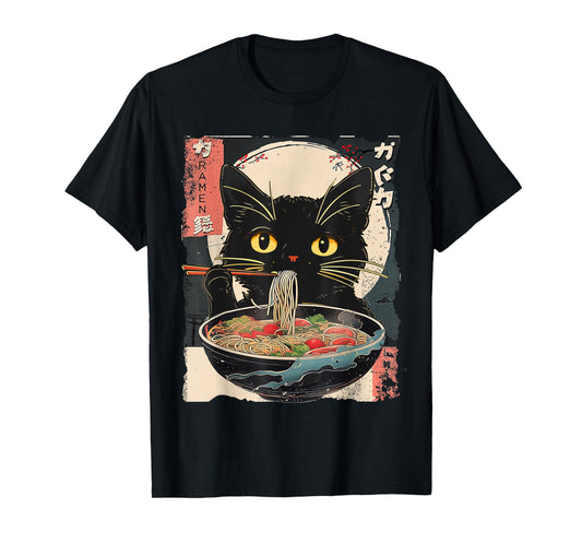Kawaii Cat Ramen Noodles Anime Gifts Funny Cat Eating Ramen Vintage Japanese Noodles Unisex-Adult T-Shirt, Black, Small, Short Sleeve, T-Shirt, All Seasons