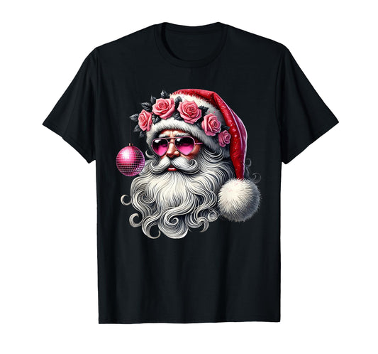 Disco Santa Claus Pink Christmas Roses Sunglasses Santa Xmas T-Shirt