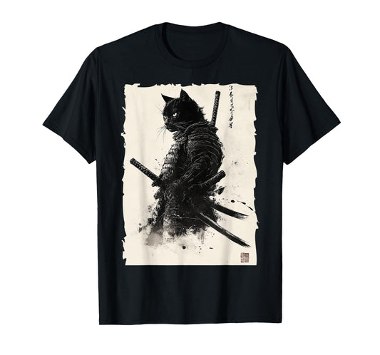 Black cat Vintage Japanese Samurai Cat Retro Ukiyo-e Artwork T-Shirt