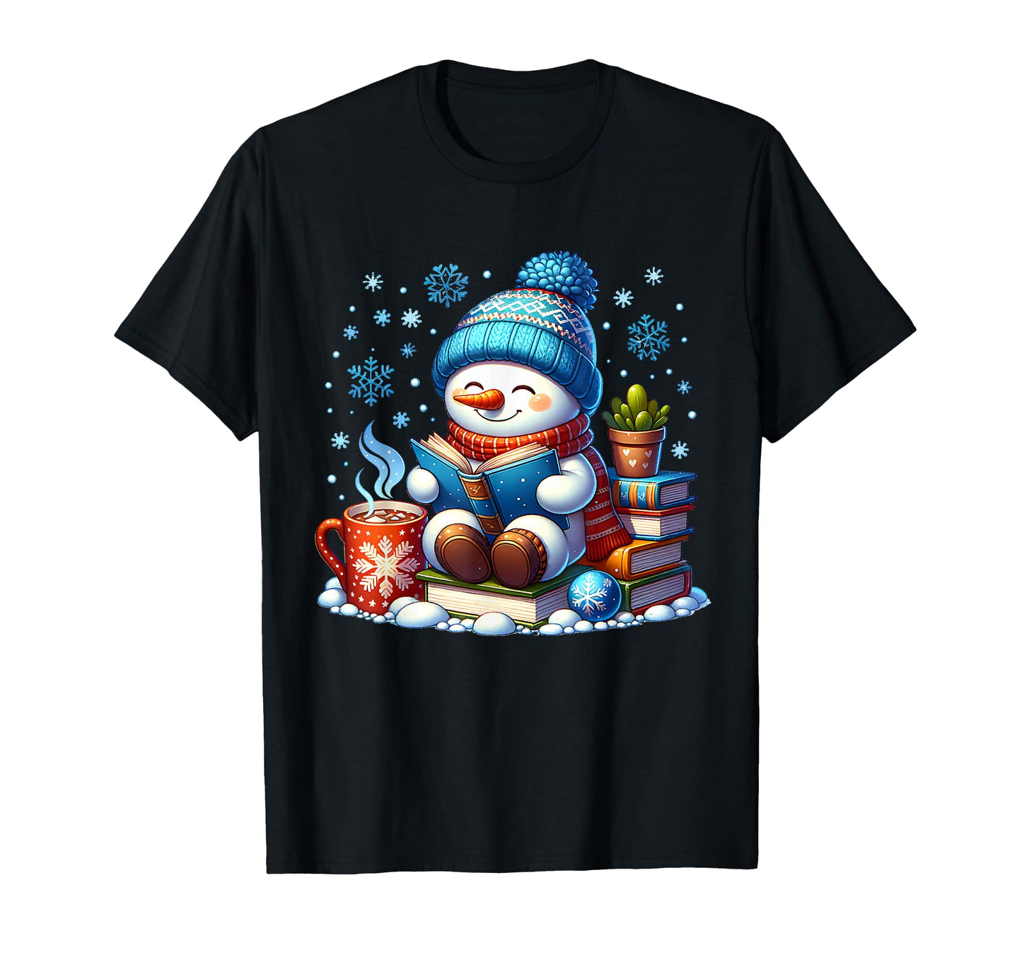Snowman Reading Book Lovers Christmas Bookworm Librarian T-Shirt