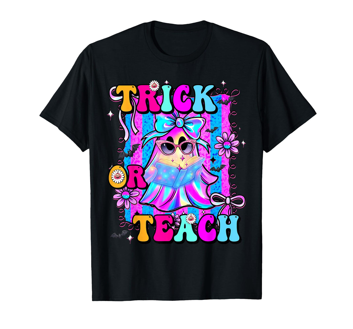 Trick Or Teach Groovy Teacher Retro Ghost Halloween Costume T-Shirt