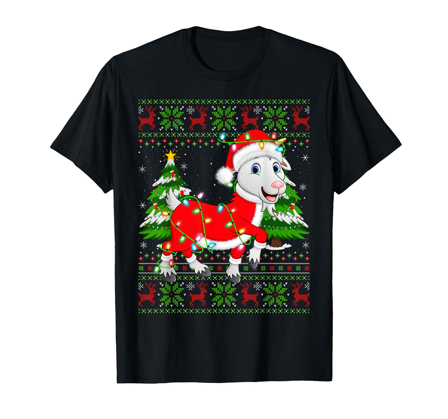 Funny Goat Christmas Lights Santa Costume Ugly Xmas Sweaters T-Shirt