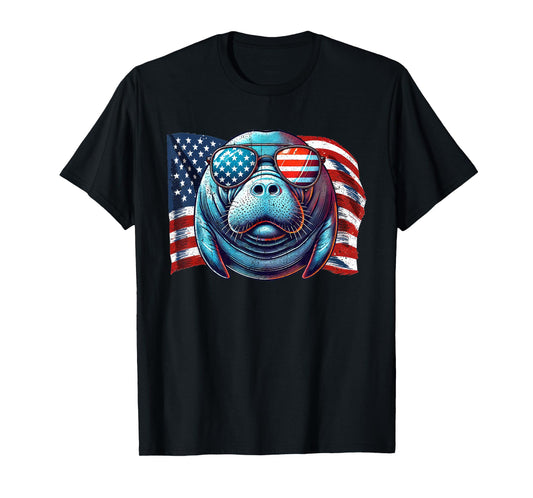 Vintage Manatee USA Flag Animals Lovers Patriotic Sunglasses T-Shirt