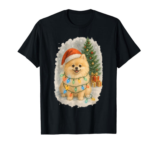 Cute Santa Pomeranian Dog Tangled in Christmas Lights Winter T-Shirt