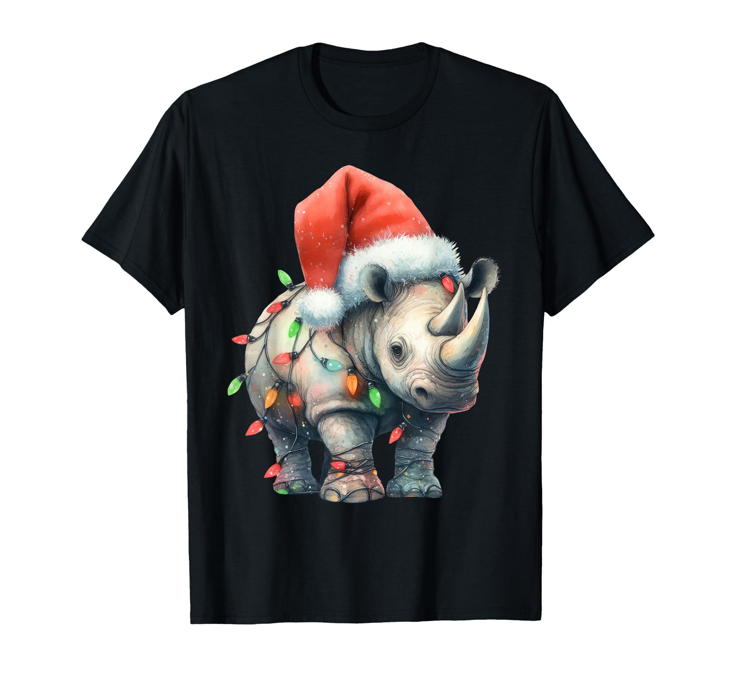 Rhino Christmas Lights Funny Santa Hat Merry Xmas T-Shirt
