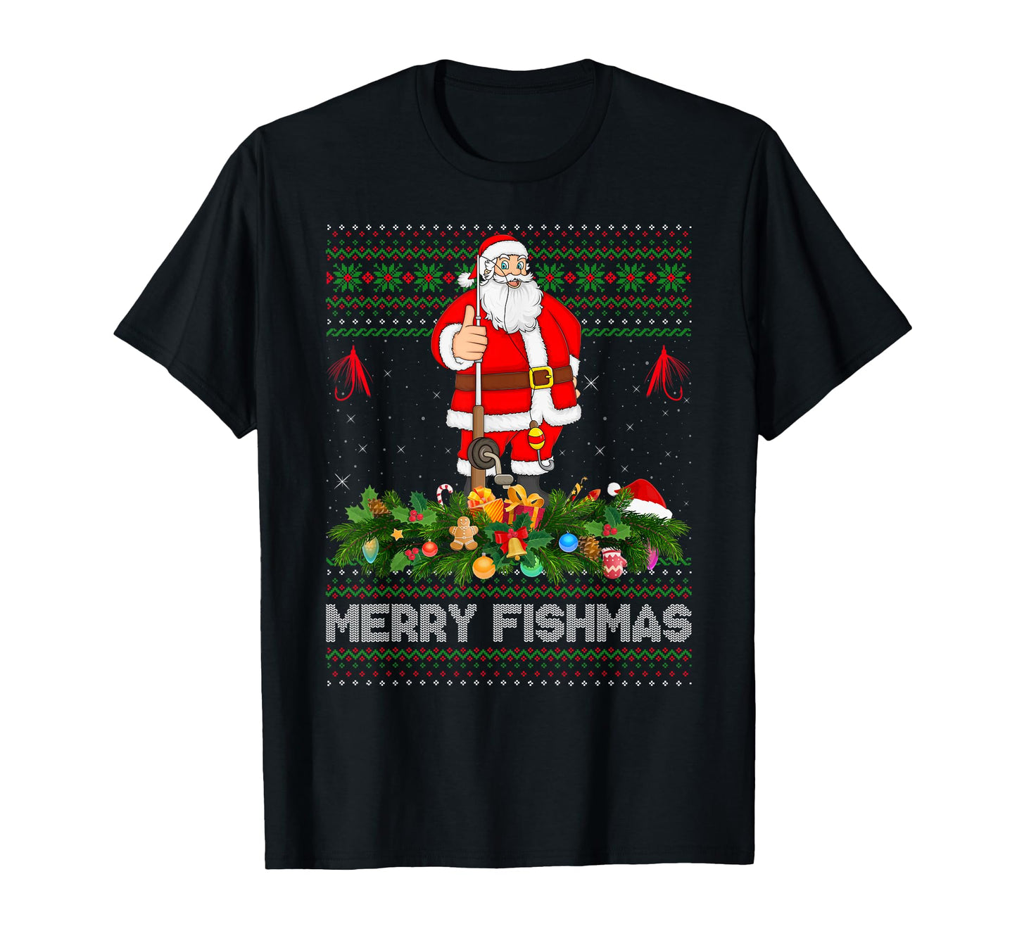 Fishing Santa Ugly Christmas Sweaters Merry Fishmas Xmas T-Shirt