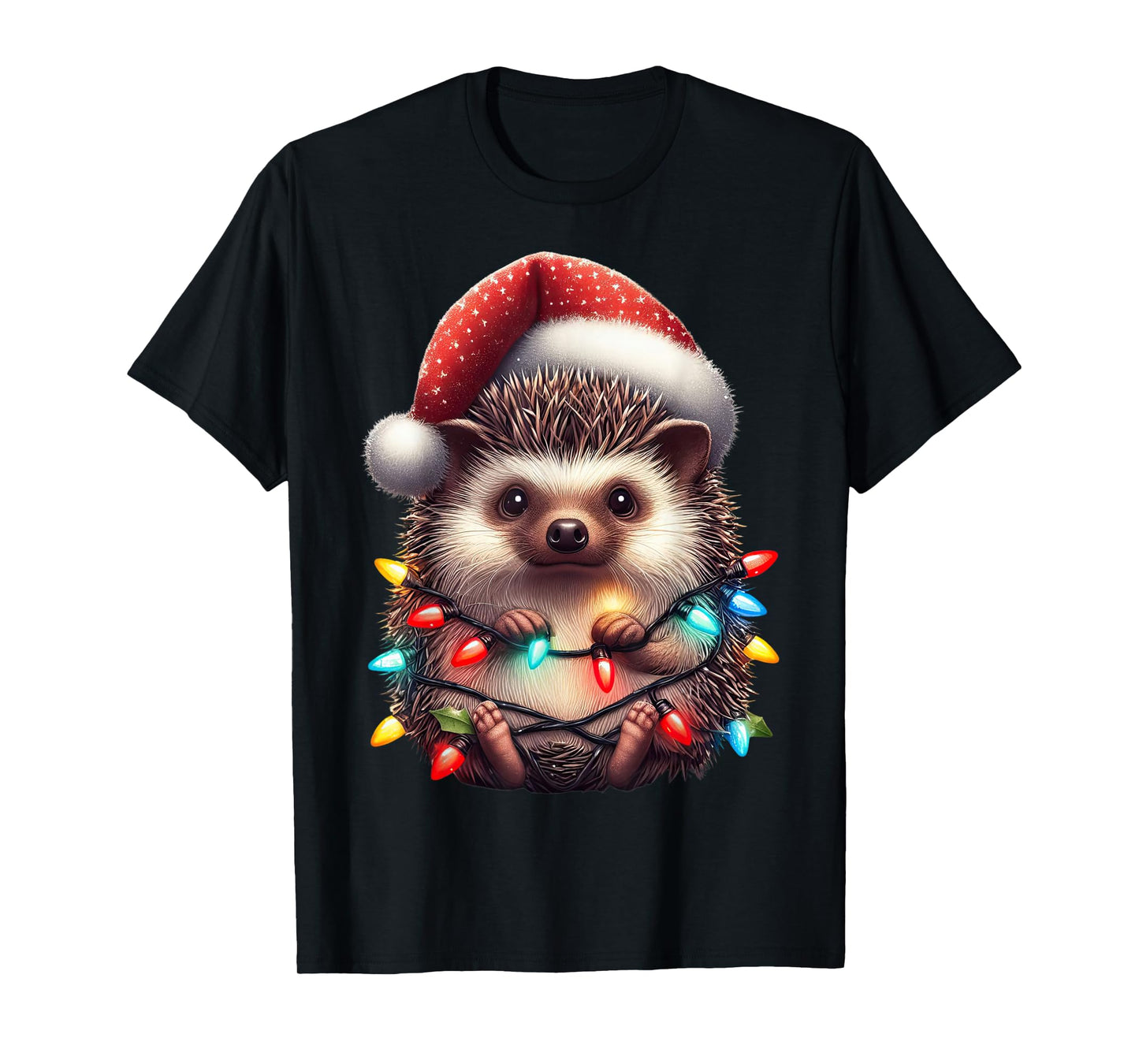 Hedgehog Christmas Lights Funny Santa Hat Merry Xmas T-Shirt