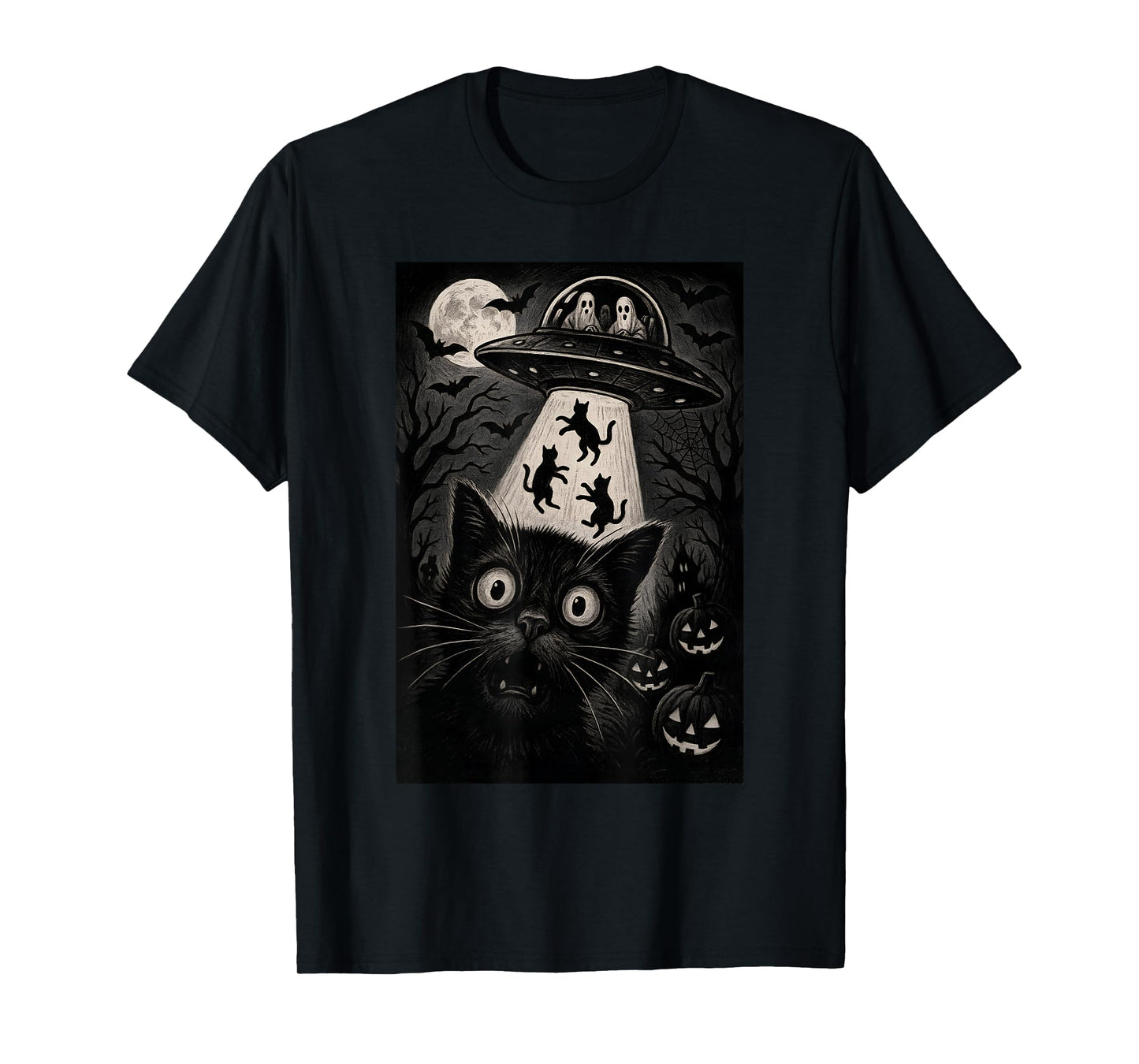 Halloween Cat Selfie Scary Alien Abduction Cats UFO Flying T-Shirt