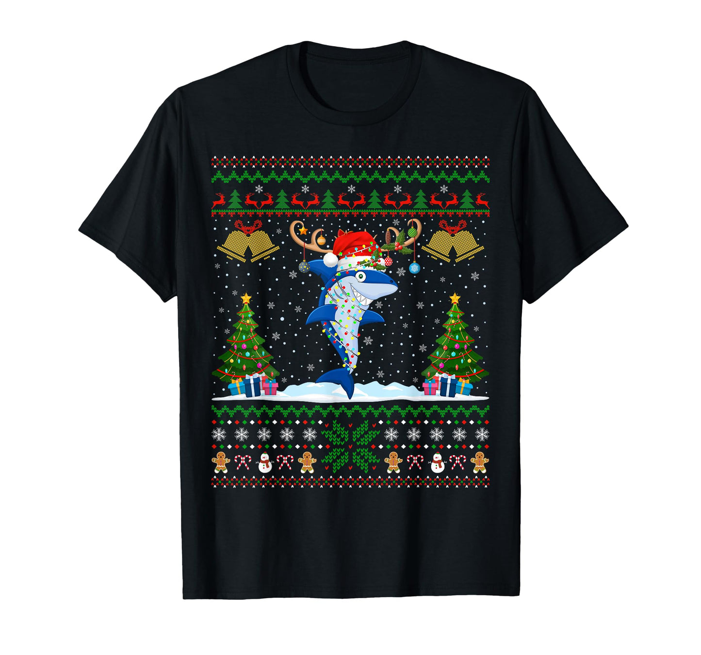 Ugly Xmas Sweater Reindeer Santa Hat Lights Shark Christmas T-Shirt
