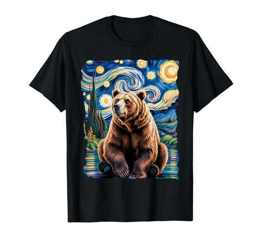 Fat Bear Week Van Gogh Style Starry Night Grizzly Bear T-Shirt