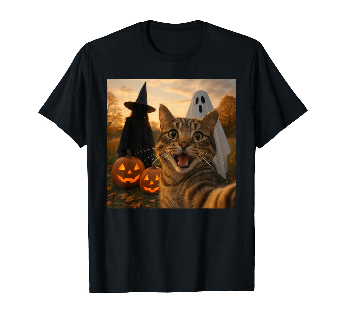 Funny Cat Selfie with a Witch & Ghost Scary Halloween T-Shirt