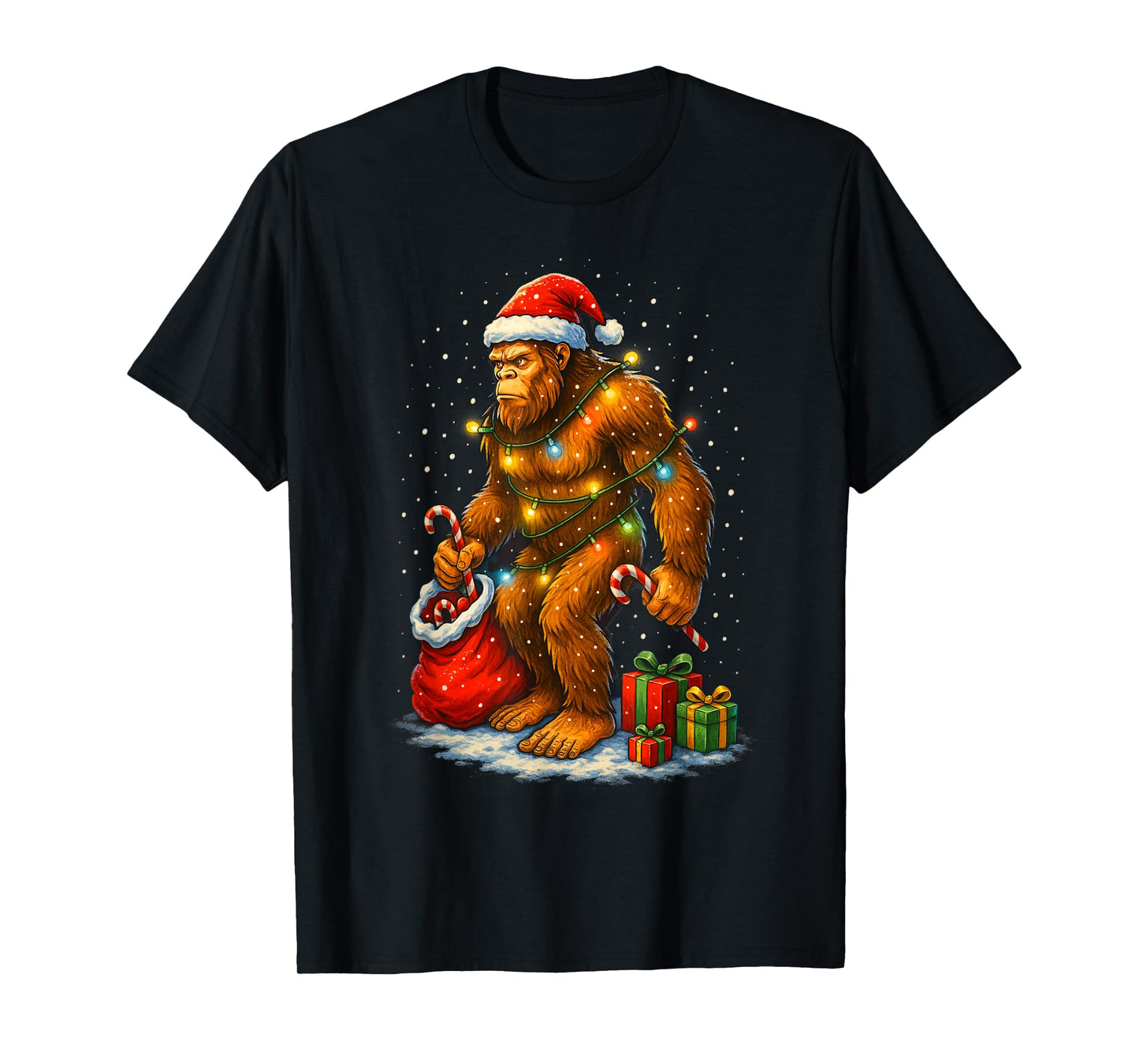 Santa Bigfoot Christmas Lights Funny Sasquatch T-Shirt