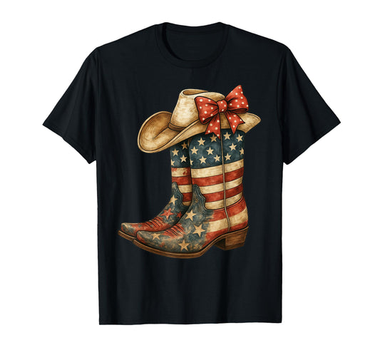 Retro Western Cowboy Boots Cowgirl American Flag 4th Of July T-Shirt