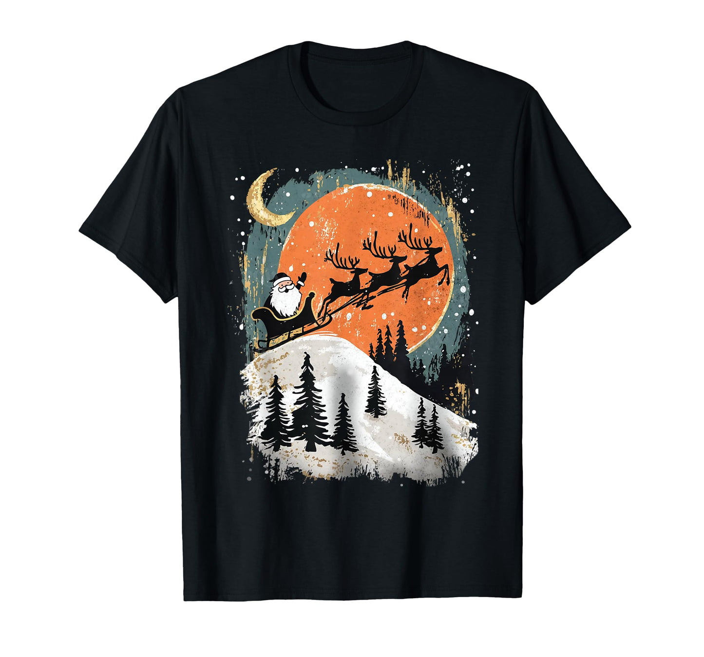 Retro Christmas Santa Reindeer Sleigh Christmas Moon Vintage T-Shirt