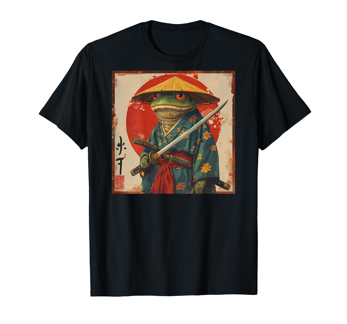 Japanese Woodblock Art: Samurai Frog Japanese kanji on back T-Shirt
