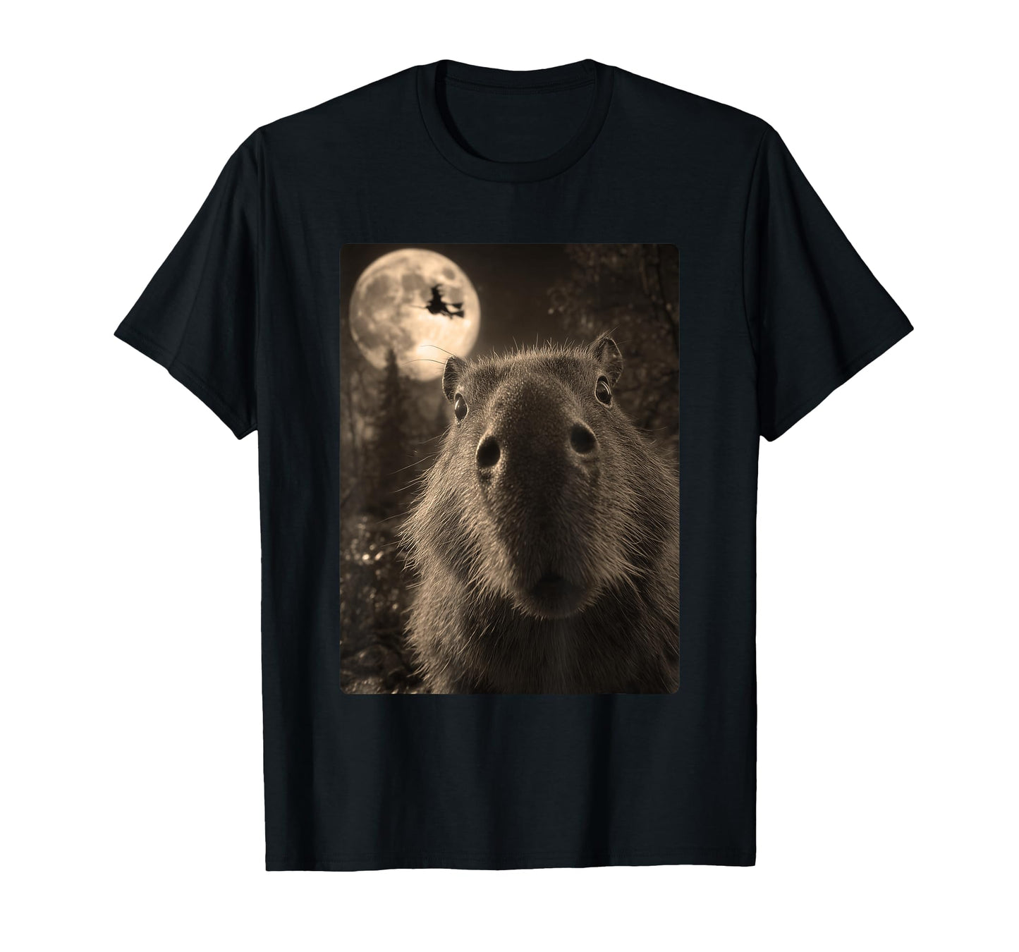 Funny Capybara Selfie Full Moon Flying Witch Halloween T-Shirt