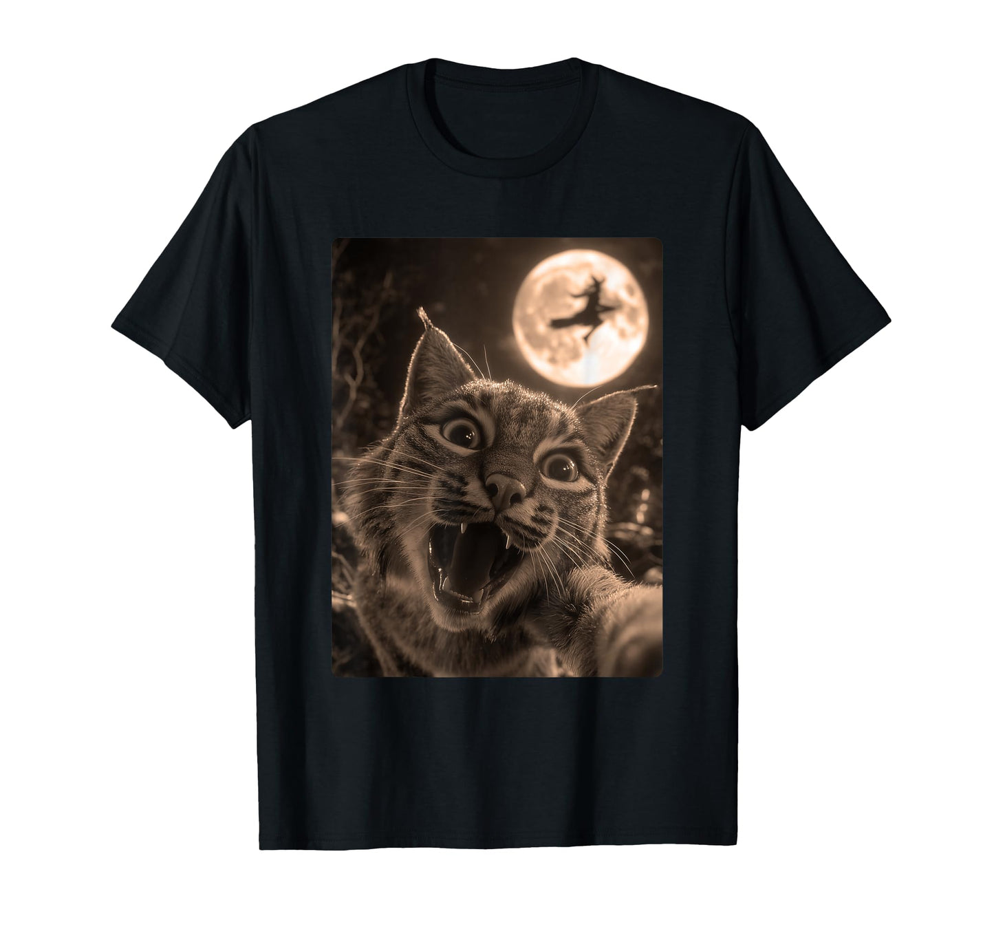 Funny Bobcat Selfie Full Moon Flying Witch Forest Halloween T-Shirt