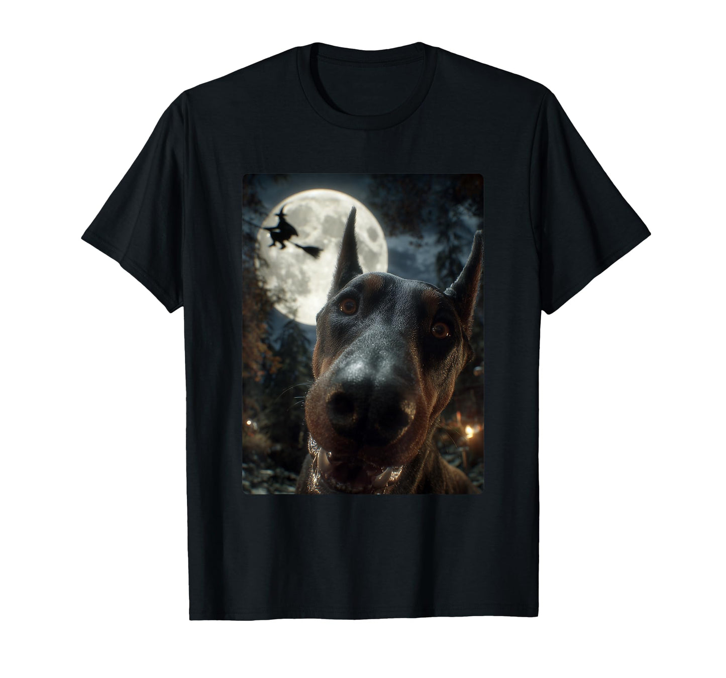 Funny Doberman Selfie Full Moon Flying Witch Halloween Dog T-Shirt