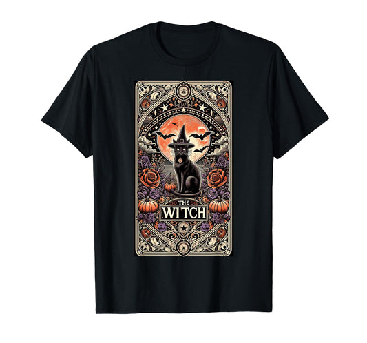 Vintage Gothic The Witch Black Cat Tarot Card Halloween 2024 T-Shirt