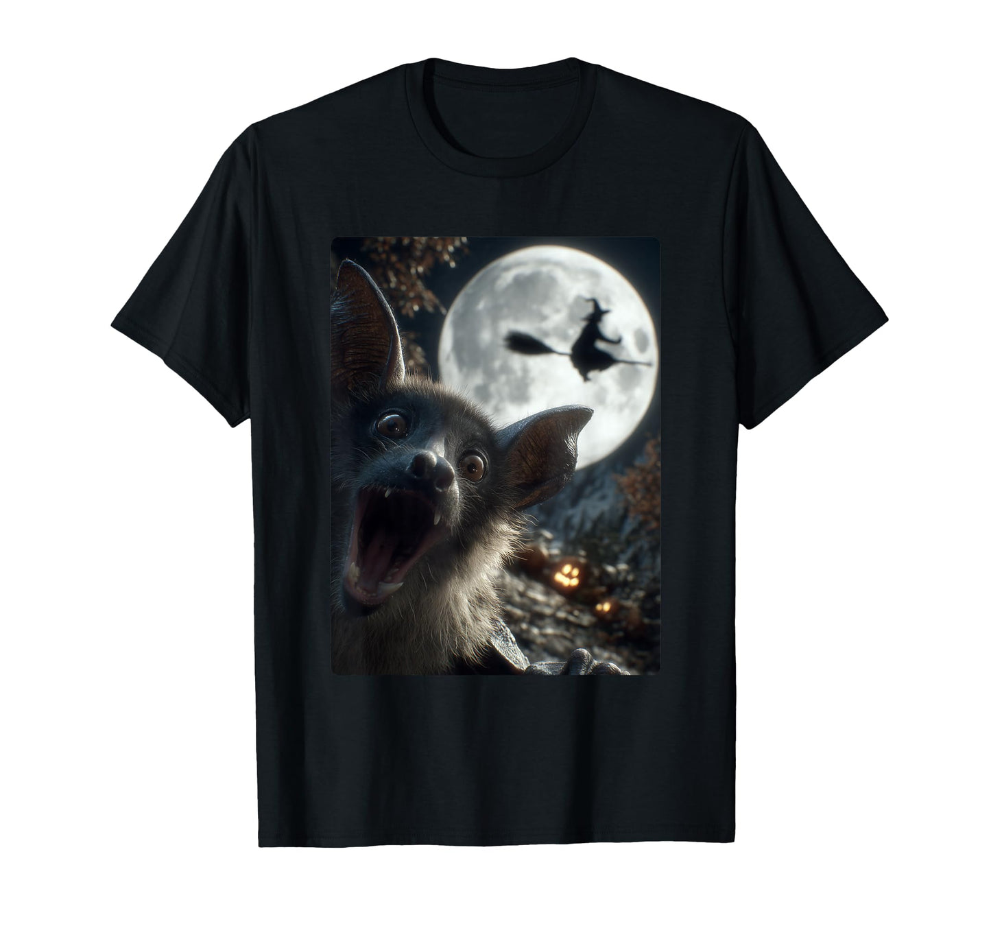 Funny Bat Selfie Full Moon Flying Witch Forest Halloween T-Shirt