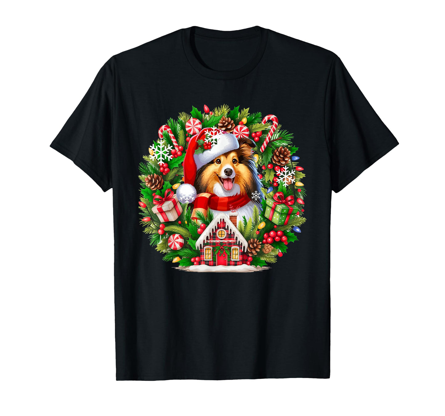 Santa Sheltie Christmas Floral Circle Matching Owner Kids T-Shirt