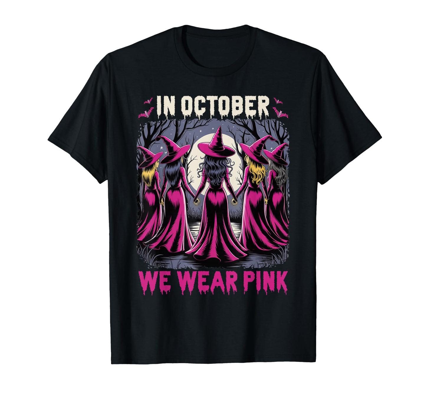 Retro in October We Wear Pink Witch Breast Cancer Awareness T-Shirt
