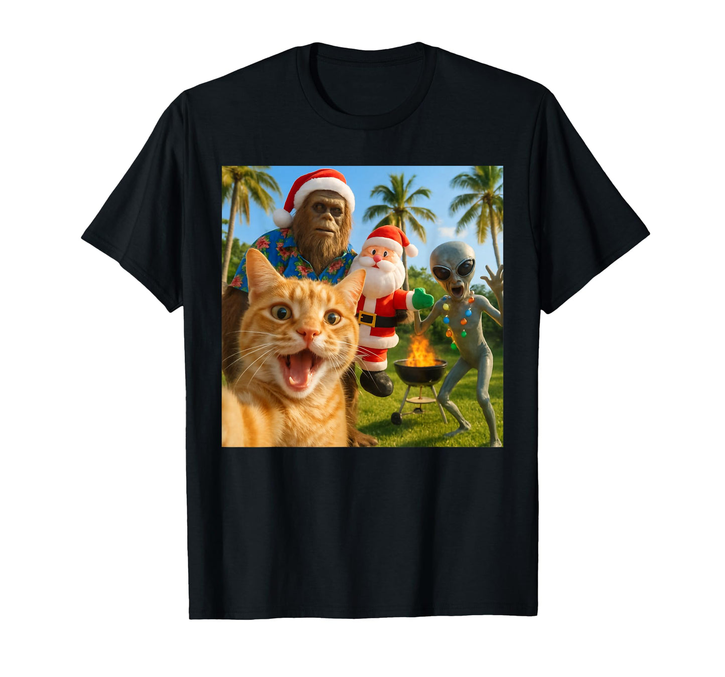 Funny Christmas Cat Selfie with Bigfoot & Alien BBQ Party T-Shirt