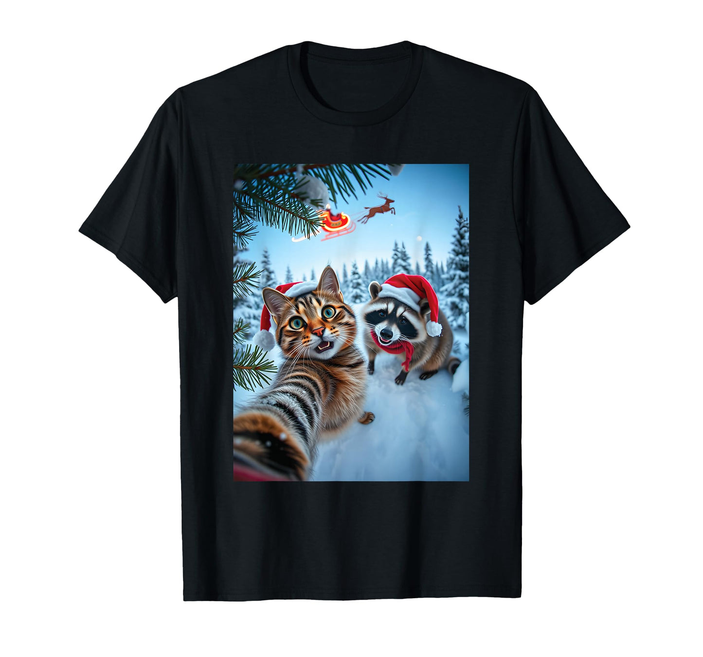 Funny Christmas Santa Raccoon Cat Selfie for Men Women T-Shirt