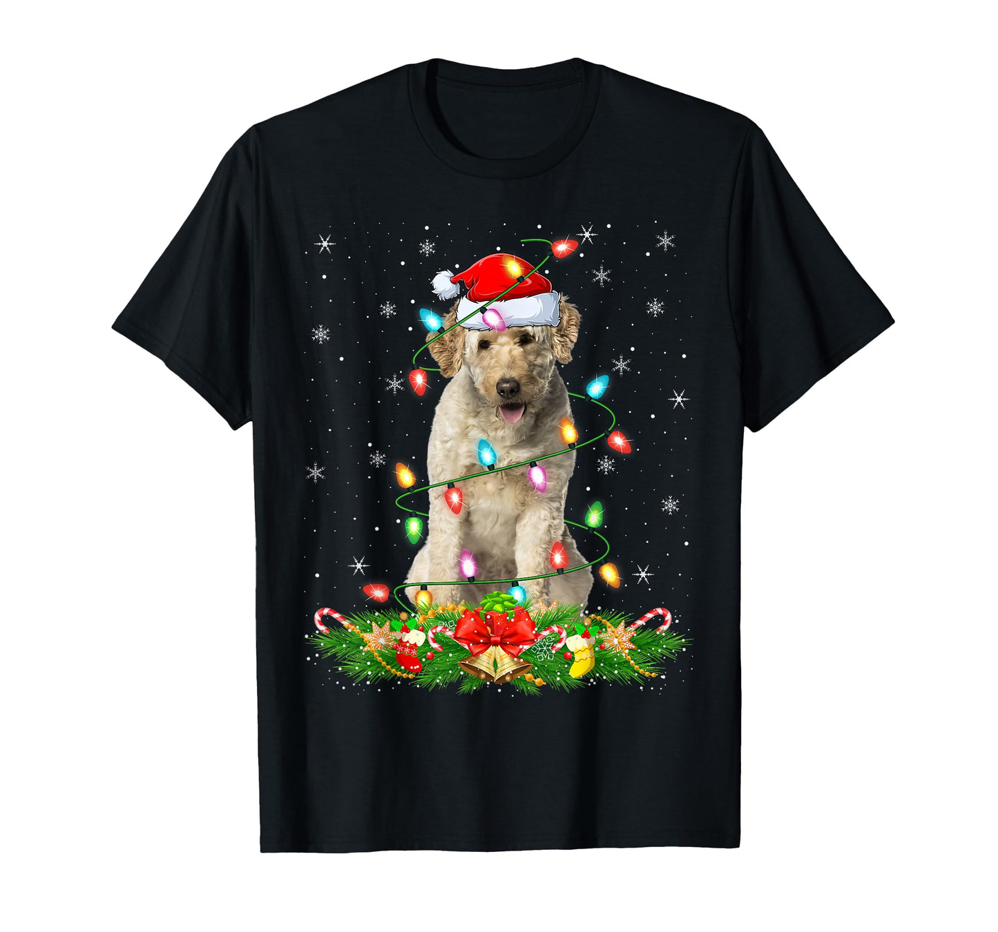 Labradoodle Dog Christmas Lights Funny Santa Hat Xmas T-Shirt