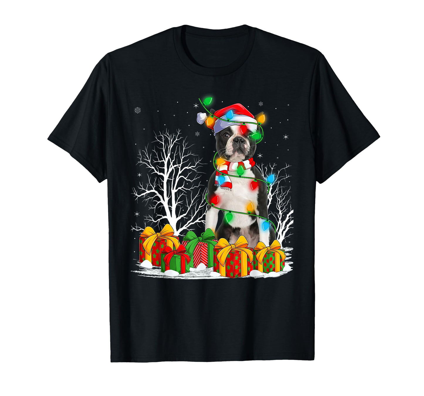 Boston Terrier Dog Christmas Lights Decor Holiday Santa Xmas T-Shirt