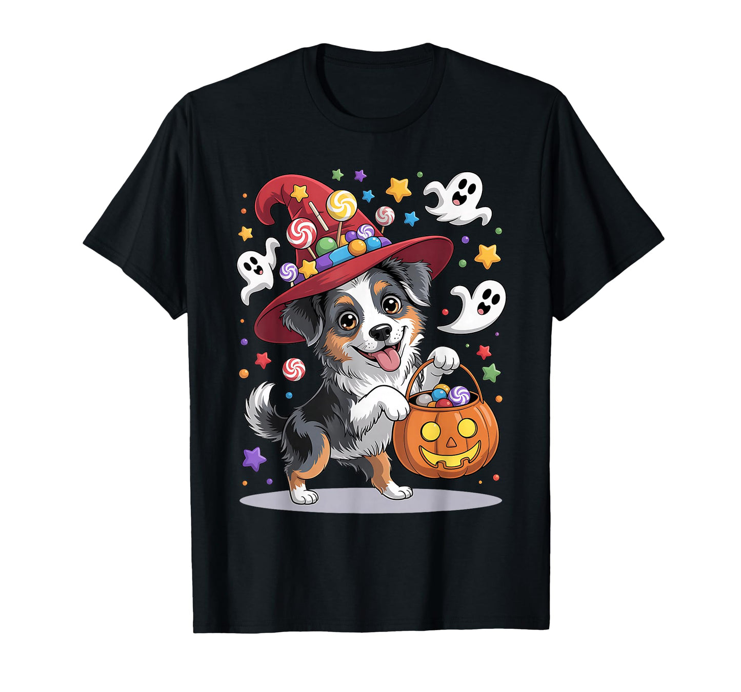 Miniature American Shepherd Dog Pumpkin Ghost Halloween T-Shirt