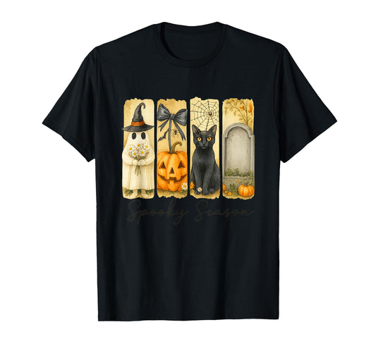 Spooky Season Ghost Cat Pumpkin Grave Design T-Shirt