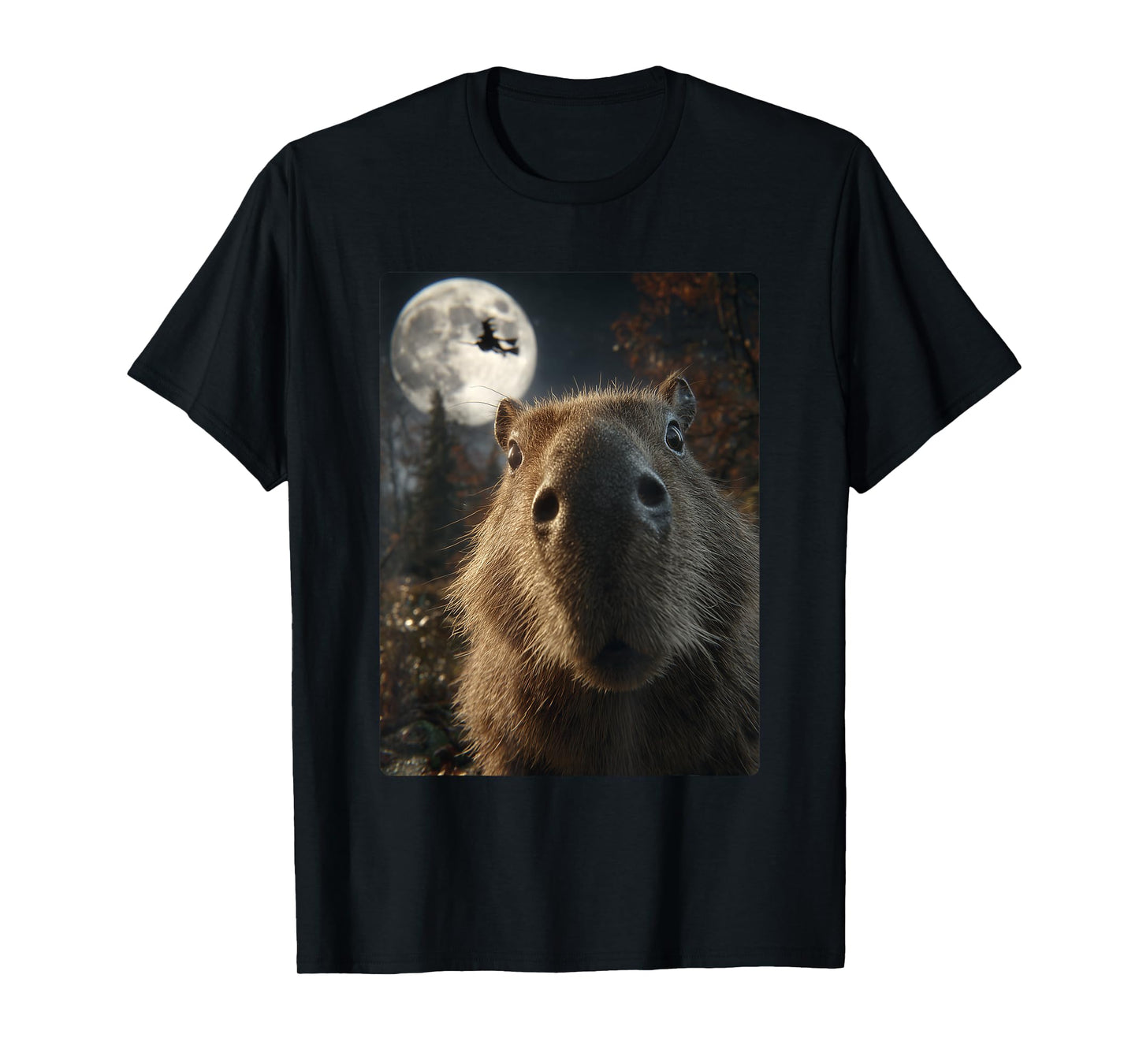 Funny Capybara Selfie Full Moon Flying Witch Halloween T-Shirt