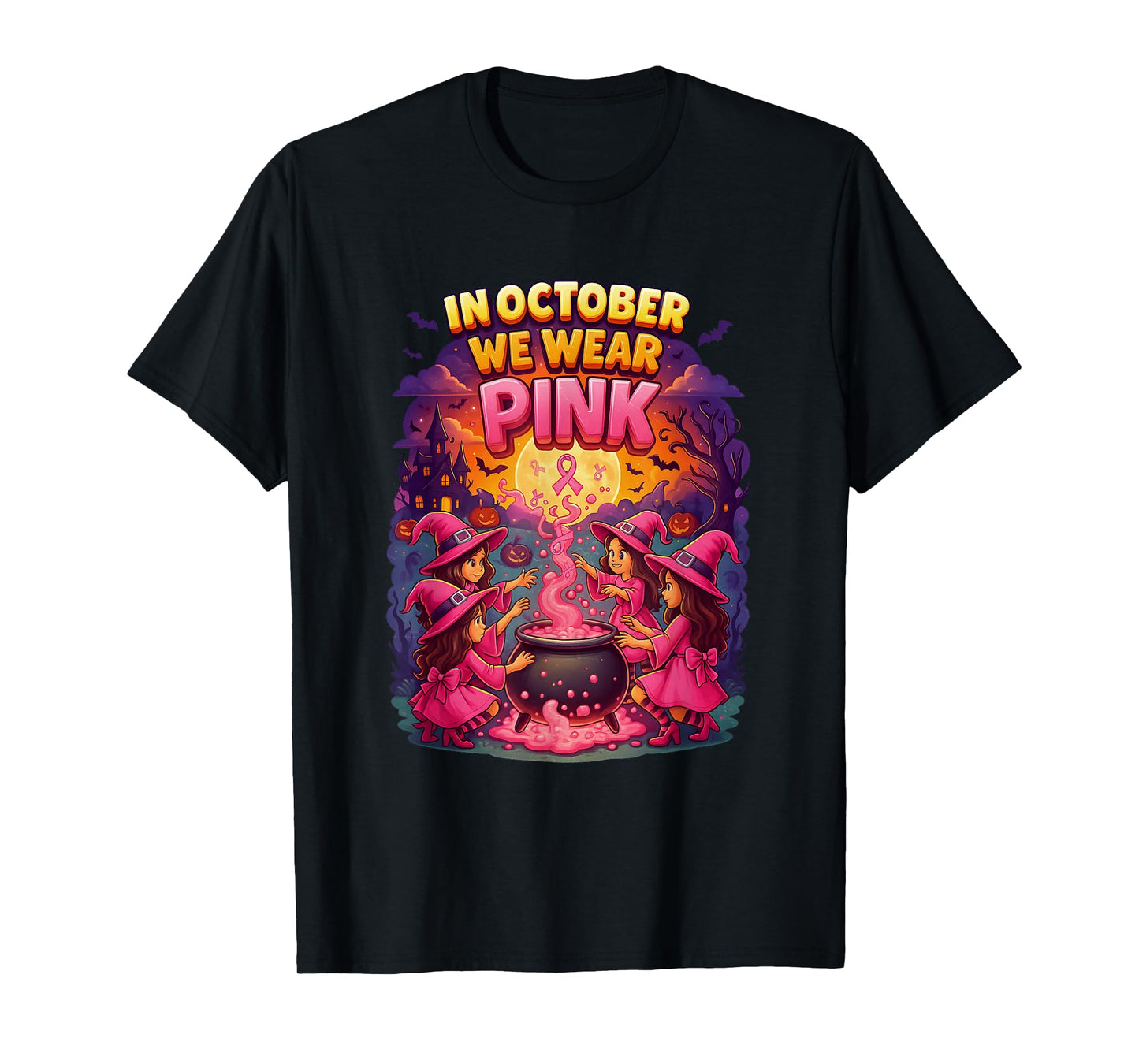 October We Wear Pink Witch Halloween Breast Cancer Awareness T-Shirt
