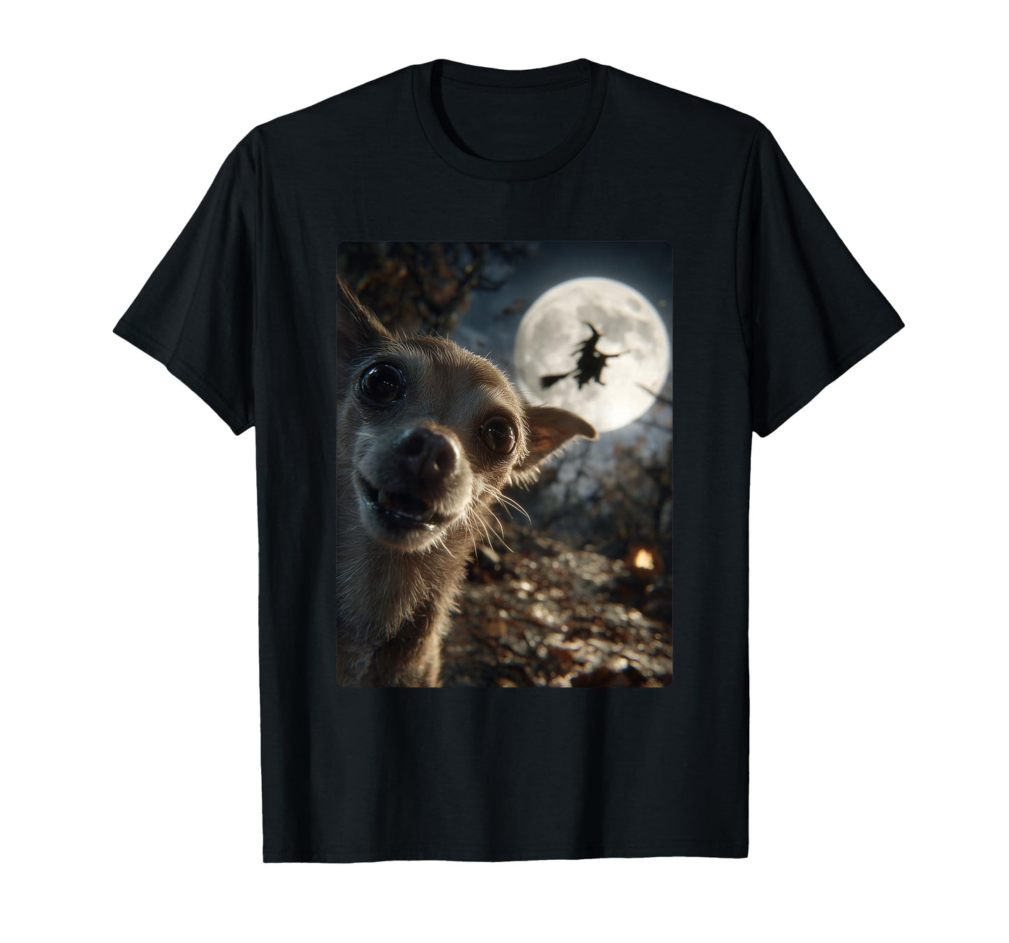 Funny Chihuahua Selfie Full Moon Flying Witch Halloween Dog T-Shirt