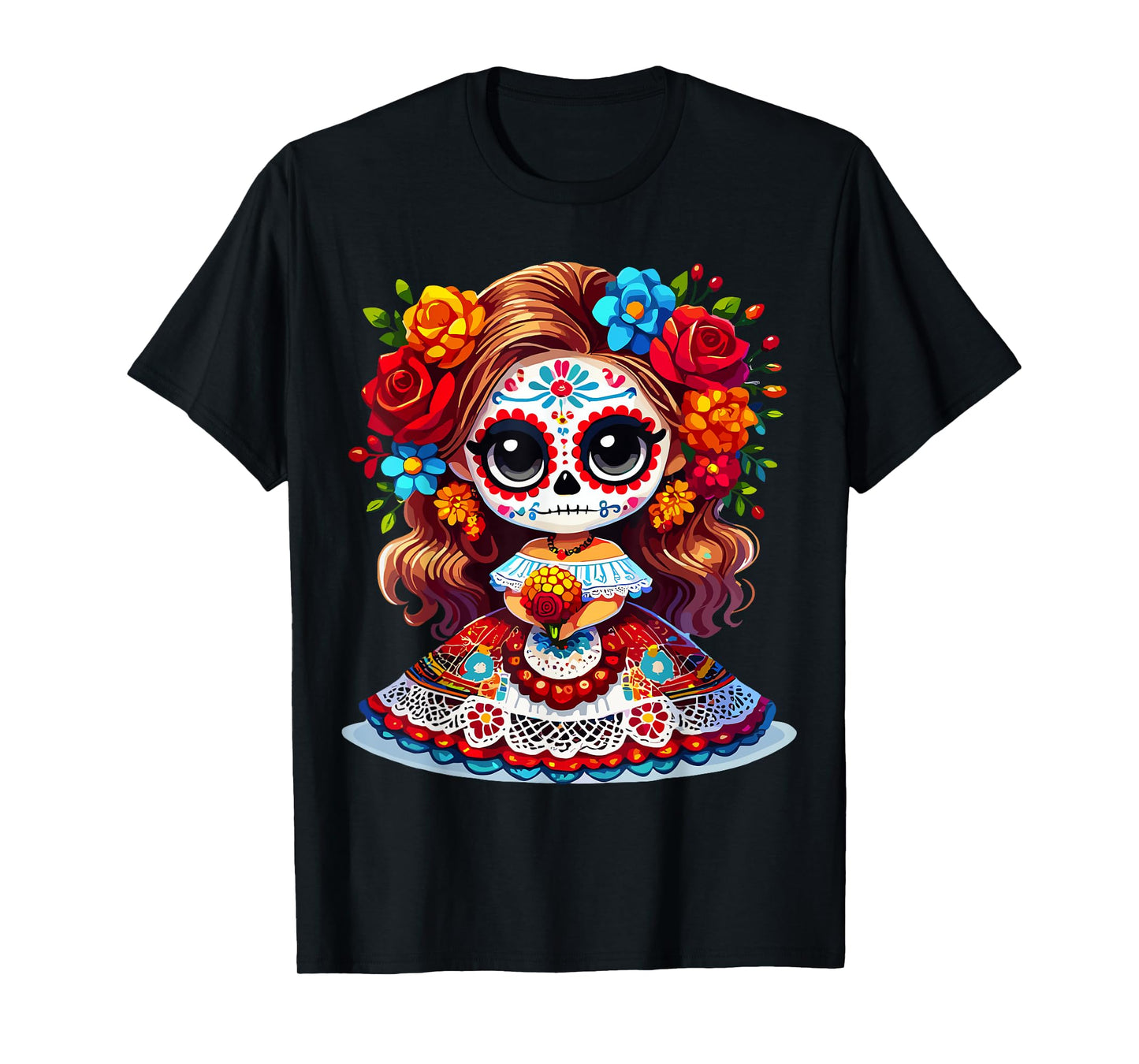 Cute Catrina Doll with Flowers Sugar Skull Halloween Costume T-Shirt